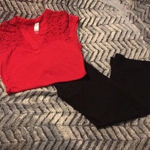 Red Lace Top Shirt & Black Wide Leg Leggings